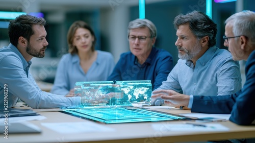 Diverse Business Team Analyzing Global Data on Holographic Display