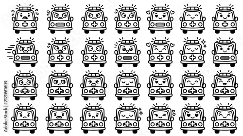 Cute Ambulance Emoticons Set: Various Funny Emotions and Expressions Collection