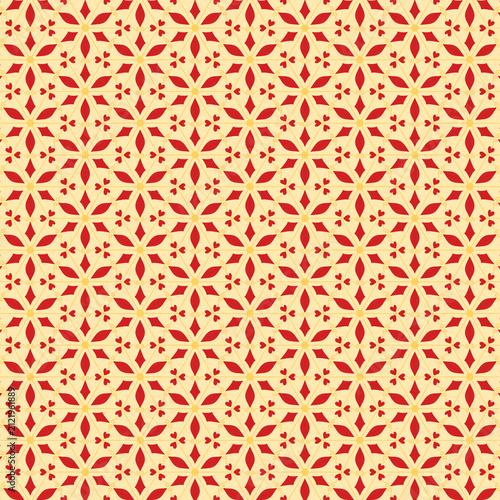 Fotografie Seamless red and gold geometric star pattern background with floral motifs on a