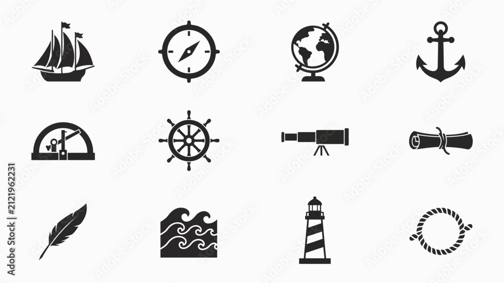 Fototapeta premium Vintage navigation with monochromatic grid twelve detailed icons representing traditional maritime tools symbols evoking adventure discovery