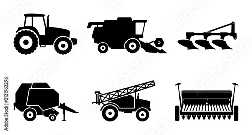 Canvastavla Agricultural Machinery Icons: Tractor, Combine Harvester, Plow, Baler, Sprayer,