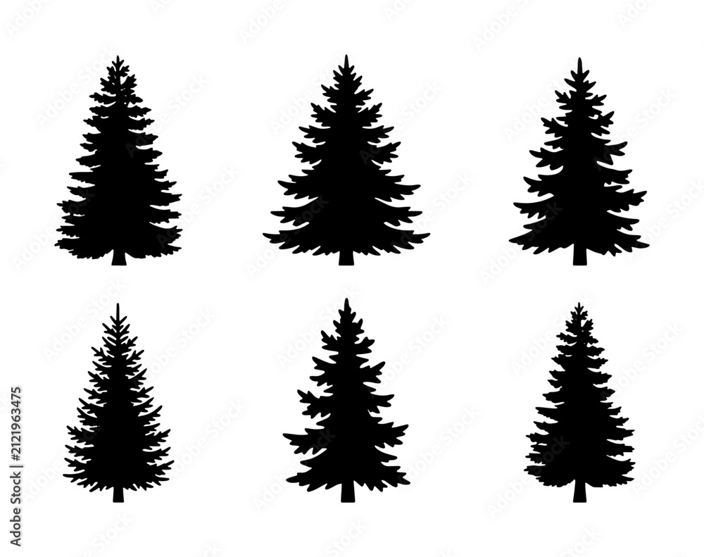 Obraz premium Six Black Pine Tree Silhouettes, Evergreen Forest Icons, Nature Vector Graphics