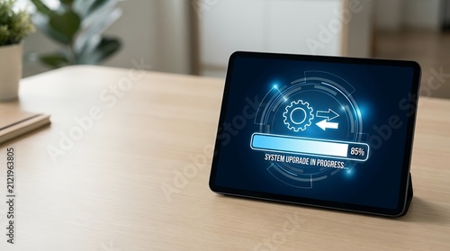 Obraz na płótnie Digital Interface Displaying System Upgrade Progress on Electronic Device Screen update updating software firmware system operating os upgrade installation installing process progress bar loading