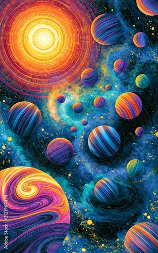 Abstract Space Scene With Vibrant Planets And Glowing Stars In A Painterly Digital Pixel Art Style