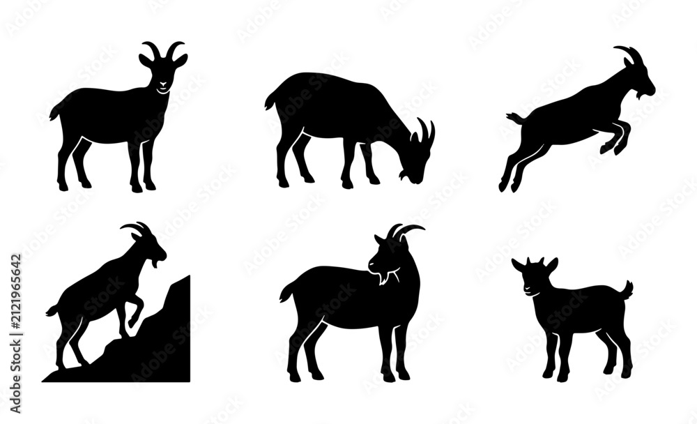 Fototapeta premium Goat Silhouettes, Farm Animal Vector Icons, Livestock Collection, Rural Mammal Graphics
