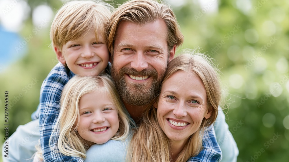 Fototapeta premium Happy family with two young children enjoying outdoor portrait with smiles and laughter
