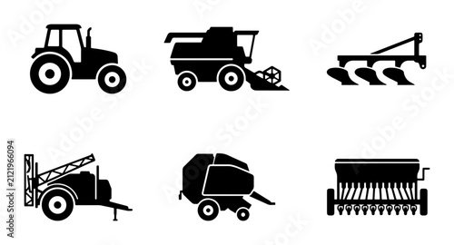 Cuadro en lienzo Agricultural Farm Equipment Icons Set: Tractor, Combine Harvester, Plow, Seeder,
