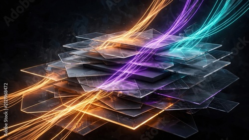 Abstract Flowing Light Streaks Over Stacked Transparent Plates.