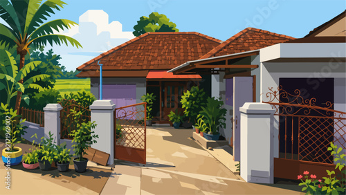 Tropical House Exterior Illustration With Garden Palm Trees And Sunny Residential View
