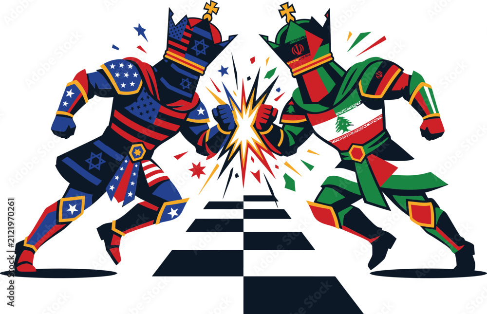 Fototapeta premium Two knights in armor featuring usa and lebanon flags clashing on chessboard