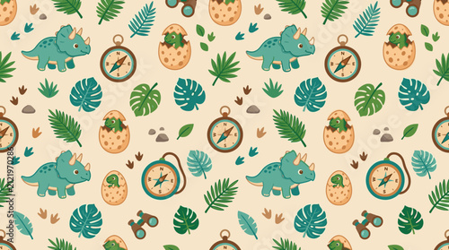 Seamless pattern design with cute triceratops and dinosaur eggs