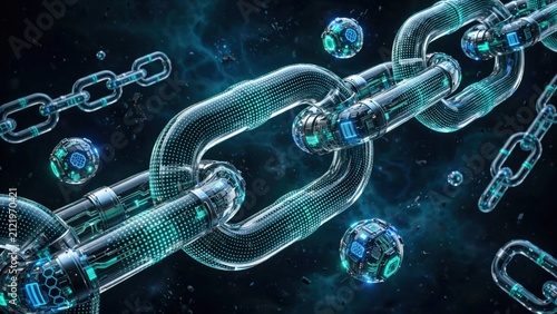 Abstract Digital Blockchain Network with Glowing Nodes and Interconnected Links.