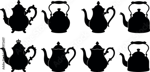 Cuadro en lienzo Vintage teapot and kettle silhouette vector set featuring classic antique tea po