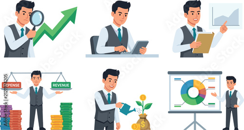 Financial Analyst and Accountant Character Vector Set Featuring Market Research, Data Analysis, Balancing Expense and Revenue, Investment Growth, and Corporate Presentations