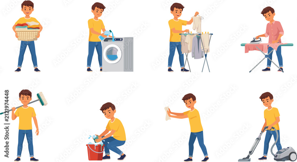 Fototapeta premium Young Man Doing Household Chores Vector Character Set Featuring Laundry, Washing Machine, Ironing, Sweeping, Mopping, Dusting, and Vacuuming Activities Illustrations