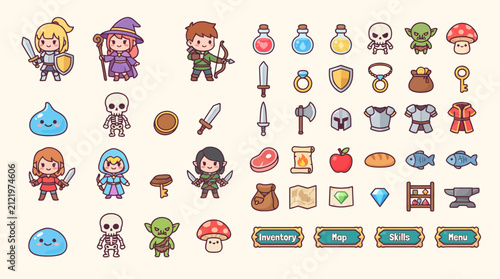 RPG Fantasy Game Asset Vector Icons Set with Characters Monsters and Items