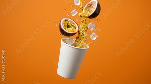 Passion fruit juice pouring into a cup with ice cubes