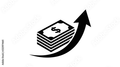 Vector illustration of stack of dollar bills with upward trending arrow icon on a transparent background