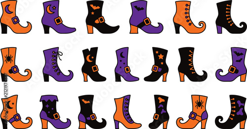 Halloween coloring vcetor icon set featuring a collection of various witch boots and festive footwear designs for creative holiday craft projects and digital illustrations