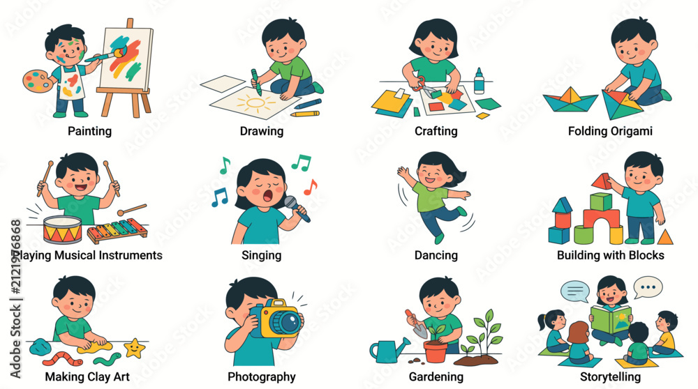 Fototapeta premium Comprehensive collection of flat vector icons depicting happy children performing different daily activities and creative hobbies including art, music, movement, and play for educational design projec