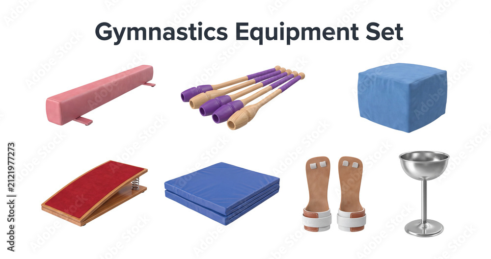 Fototapeta premium Gymnastics equipment set collection including balance beam section wooden clubs foam block spring board and tumbling mat realistic design elements isolated on transparent