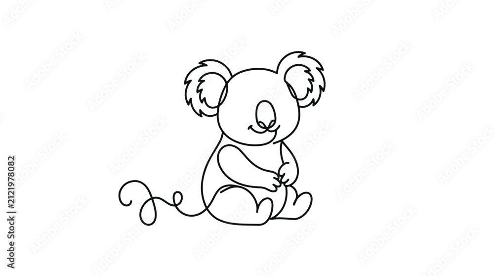 Fototapeta premium Cute single line drawing of a happy koala sitting peacefully with its tail curled, perfect for children's illustrations