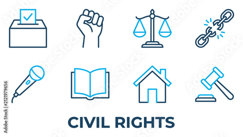 Civil rights icons representing voting, justice, protest, and education.