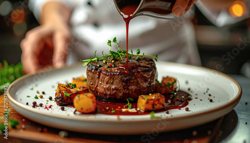 Grilled beef steak served on a white plate with roasted vegetables and rich dark sauce poured by a professional chef
