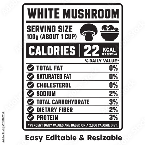 white mushroom nutrition facts vector label template design featuring food, dietary