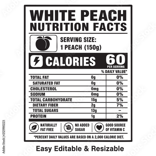 white peach nutrition facts vector label template design with detailed breakdown