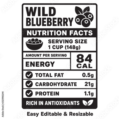 wild blueberry nutrition facts vector label template for food packaging