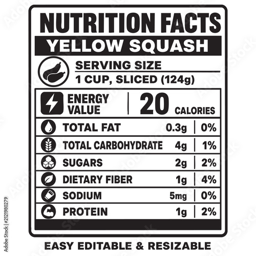 yellow squash nutrition facts vector label template with detailed breakdown