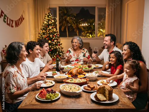 Happy family enjoying a tropical Christmas feast