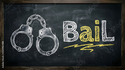 Chalkboard illustration showing bail concept with handcuffs with chalkboard hand drawn pair connected handcuffs word bail written bold chalk letters