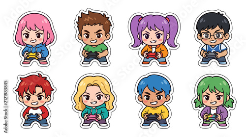 Cute anime chibi characters holding gaming controllers sticker set for gamers