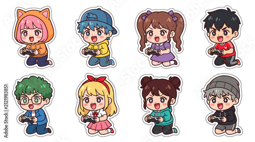 Cute Chibi Anime Characters Playing Video Games with Gamepads Sticker Set