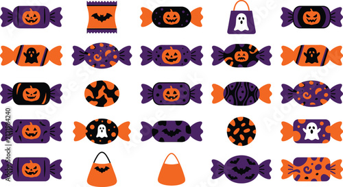 A comprehensive halloween coloring vcetor icon set featuring various candy designs pumpkins ghosts and festive holiday elements isolated on a clean white background design