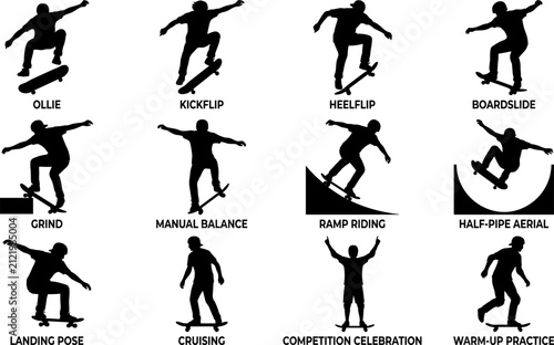 Skateboarding Tricks Silhouette Vector Set with Ollie, Kickflip, Heelflip, Boardslide, Half Pipe and Ramp Riding