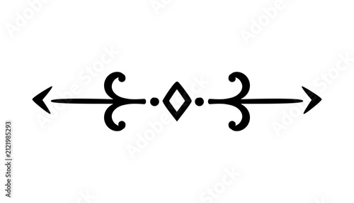 Black ornate divider with arrows, diamond shape and ornate swirls on transparent background.