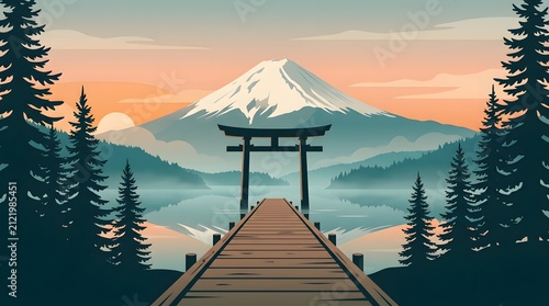 Iconic Mount Fuji landscape with a torii gate and sakura blossoms, a tranquil Japanese temple scene at sunrise
