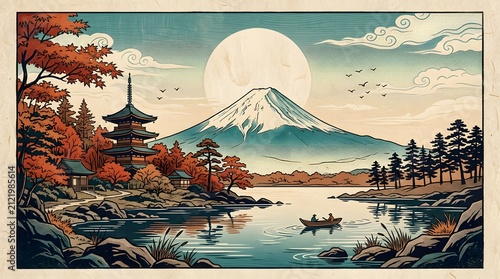 Iconic Mount Fuji landscape with a Japanese temple, torii gate, and sakura blossoms during a tranquil sunrise