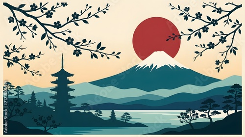 Iconic Mount Fuji landscape with sakura blossoms, pagoda, and torii gate during a vibrant sunrise