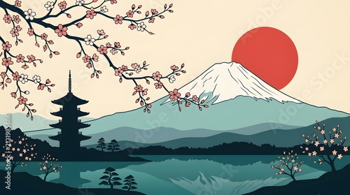 Iconic Mount Fuji landscape with sakura blossoms, a pagoda, and torii gate during a vibrant sunrise, embodying