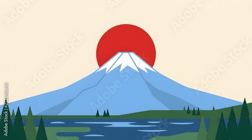Iconic Mount Fuji landscape illustration with a red sun rising over snow-capped peaks, featuring sakura blossoms