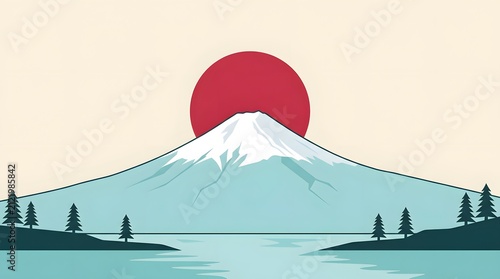 Iconic Mount Fuji landscape with a red sun at sunrise or sunset, featuring sakura blossoms and a torii gate, embodying