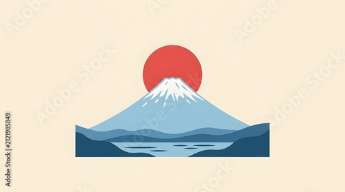 Iconic Mount Fuji landscape illustration with a red sun, cherry blossoms, and a torii gate, representing traditional