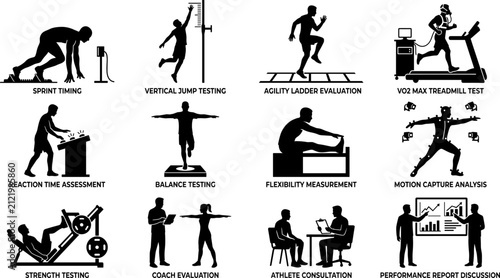 Sports Performance Assessment Silhouette Vector Set with Sprint Timing, Vertical Jump, VO2 Max Test, Motion Capture and Athlete Evaluation