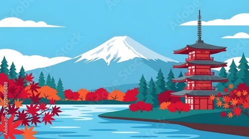 Iconic Mount Fuji landscape with a traditional pagoda, cherry blossoms, and a torii gate during a vibrant sunrise