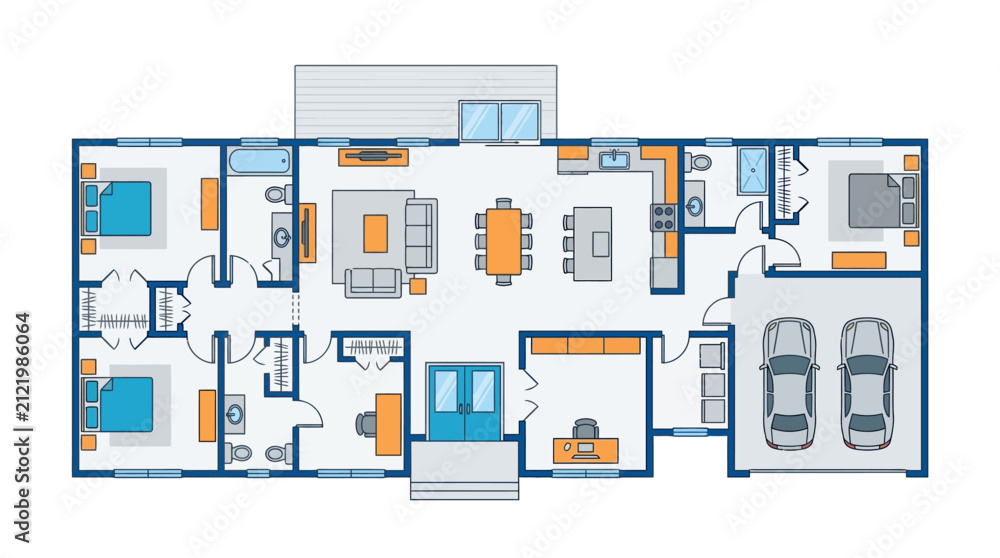 Fototapeta premium Modern Three-Bedroom House Floor Plan with Double Garage