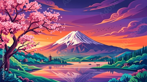 Iconic Mount Fuji landscape with vibrant sakura cherry blossoms, a traditional pagoda, and torii gate at sunrise